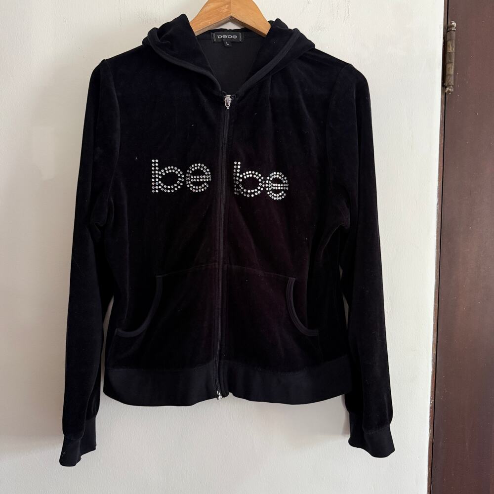 Y2K Vintage BEBE | Black Velour Track Jacket Hoodie with Bling Logo | Large